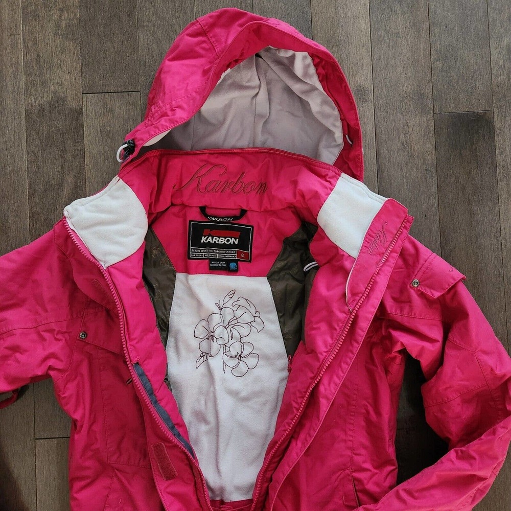 Karbon Women's Ski Snowboard Jacket Size 6 XS \ Small - Pink \ White Hooded - Picture 5 of 8